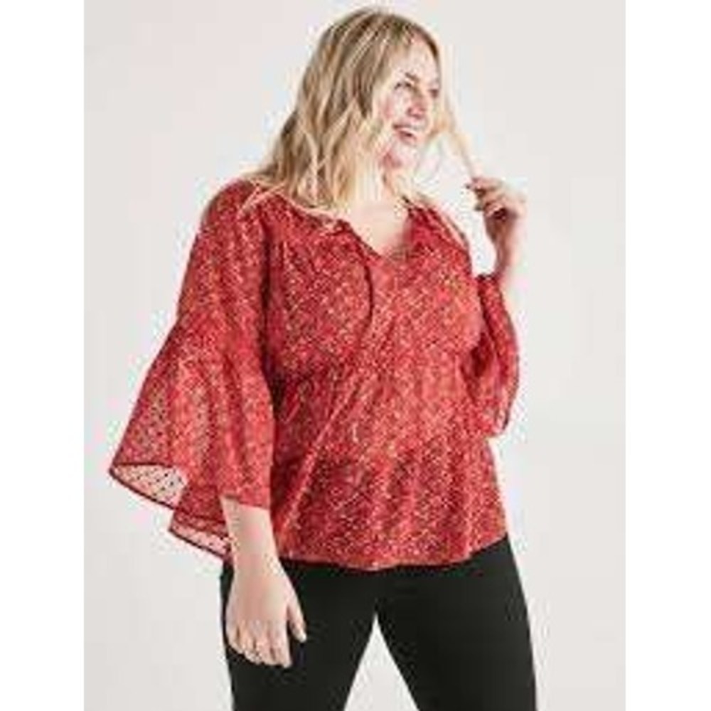 Lucky Brand Women's Red Floral‎ Sheer Bell Sleeve Blouse Boho Top - Size S